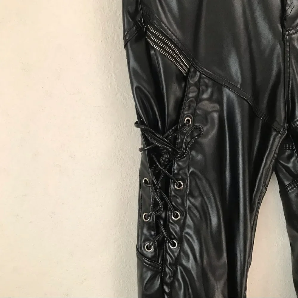 ‎Unbranded black faux leather lace up Moto pants 36*